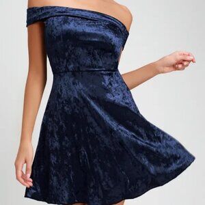 Lulu's Season of Fun Navy Blue Velvet Off-the-Shoulder Skater Dress